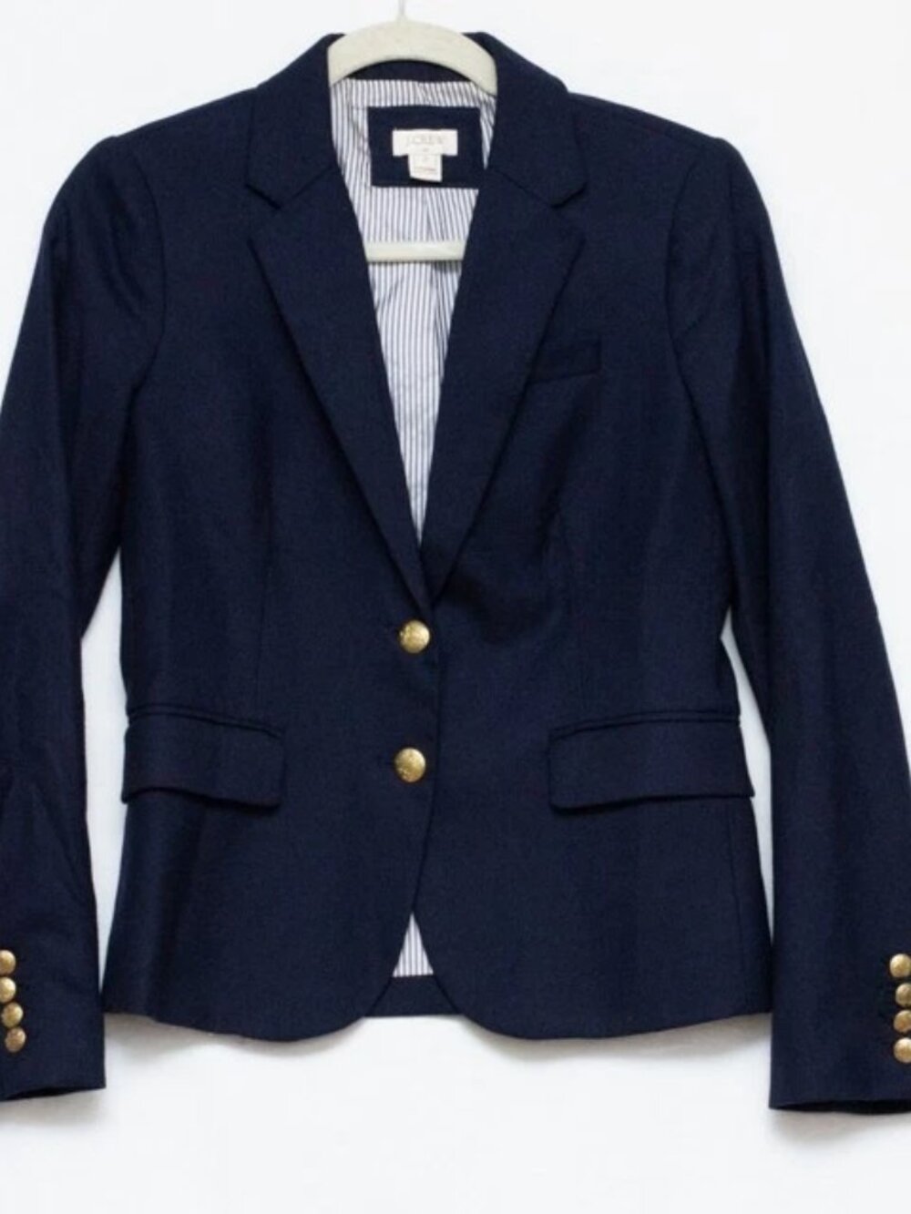 J.Crew Wool Navy Schoolboy Blazer Gold Crest Button Striped Lining Sz 2 Nautical